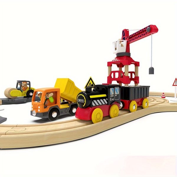 58pcs Wooden Train Track Set For Kids 3-6 Years - Battery-Powered, Creative Building Toy With Crane & Engine - No Batteries Included